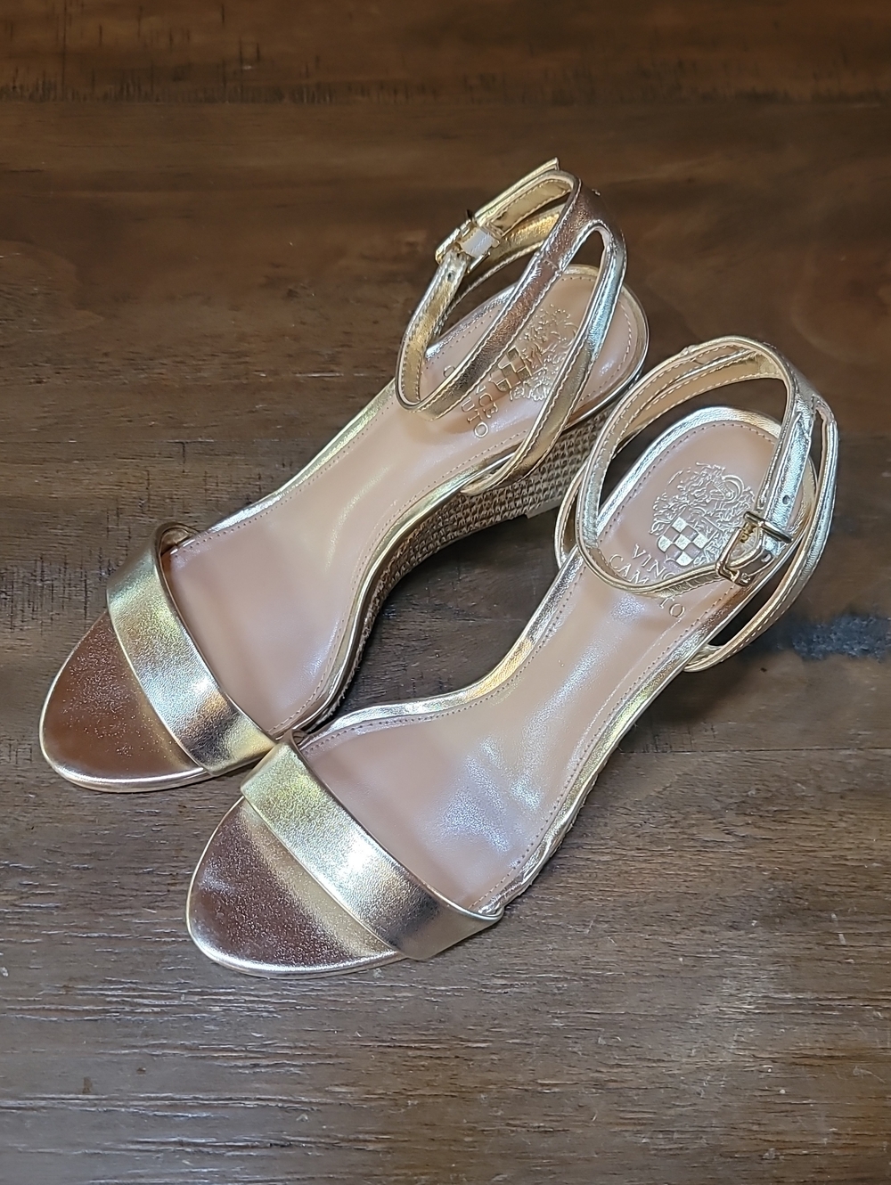Vince Camuto Gold Metallic Ankle-Strap Wedge Sandals - Women 8.5